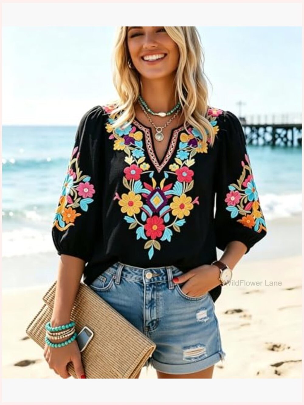 Women's Embroidered Boho Tunic Peasant Blouse 3/4 Sleeve Plus Size - Picture 4 of 6